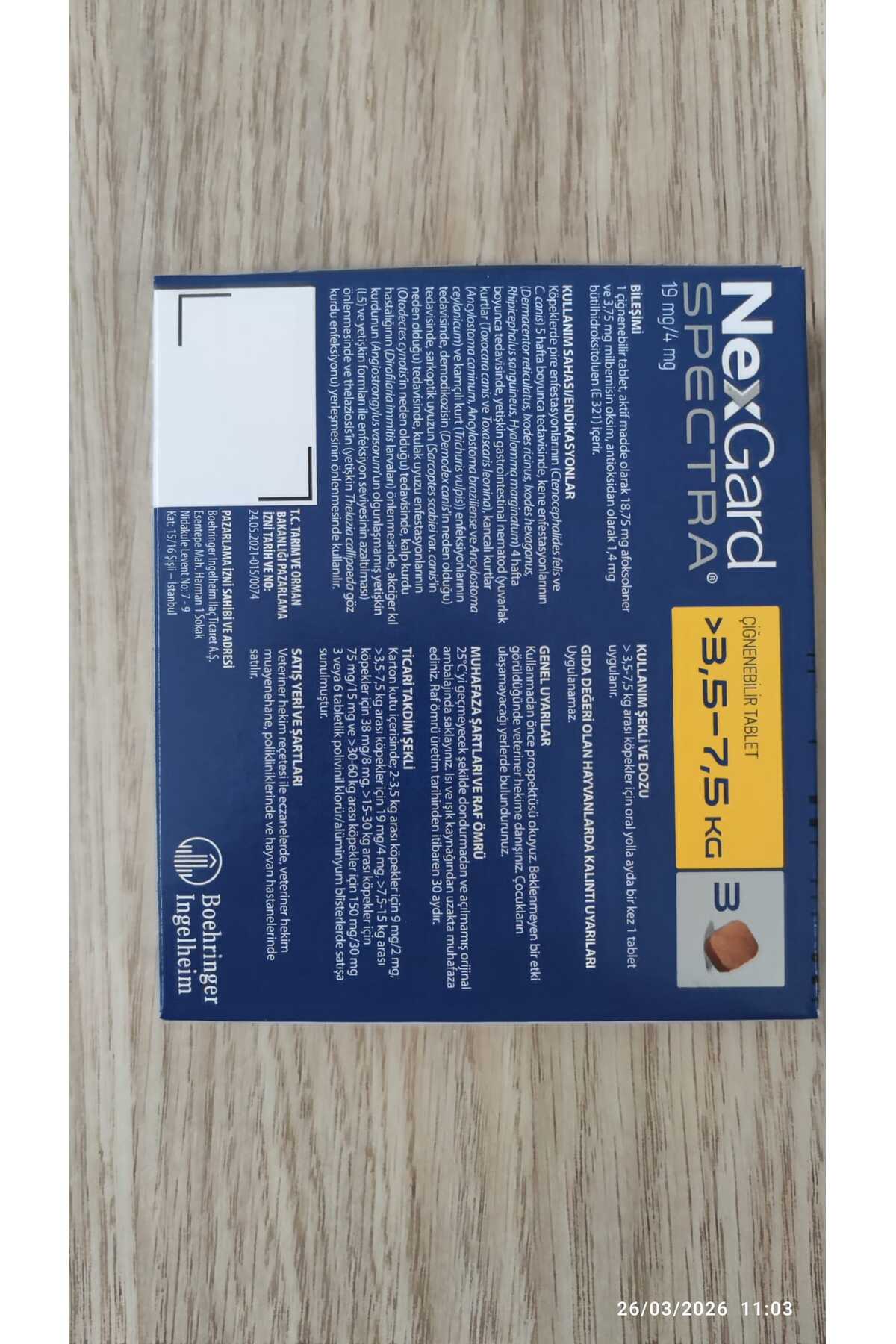 Nexgar-d Spectra 3.5-7.5 Kg Köpekler için 1 Kutu- S.K.T:31,08.26